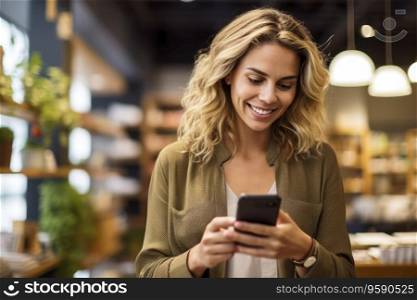 Photo of Young happy busy business woman executive using laptop mobile cell phone tech at office. Professional businesswoman holding smartphone, working on cellphone. Generative ai.