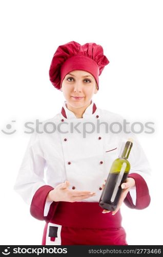 photo of young successfull female chef somelier with wine