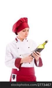 photo of young successfull female chef somelier with wine