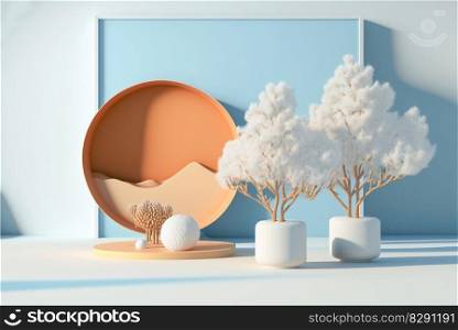 Photo product display podium with the landscape scene background. Photo product display podium with the landscape scene background AI Generated