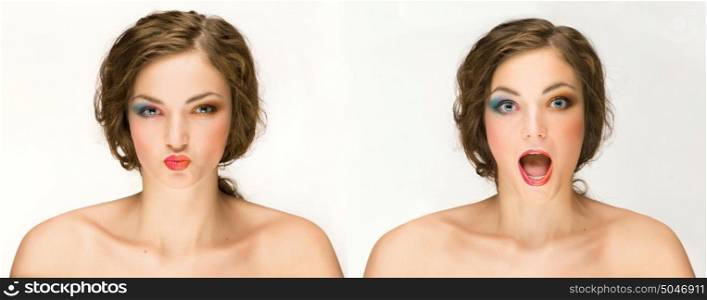 Photo set of a young woman with stylish makeup showing different emotions, isolated on white.