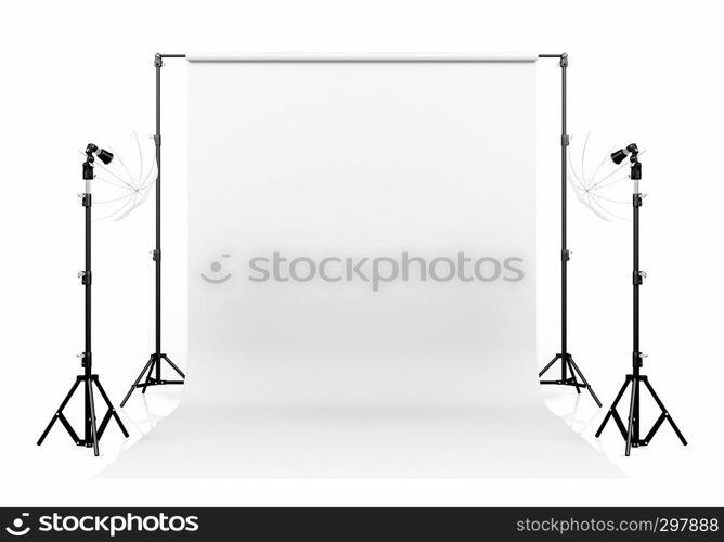 Photo studio lighting set up with white backdrop on white background, 3D Rendering