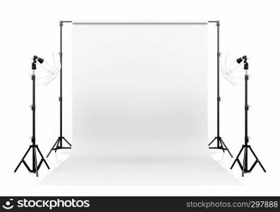 Photo studio lighting set up with white backdrop on white background, 3D Rendering