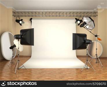 Photo studio with lighting equipment. Flashes, softboxes and reflectors. 3d