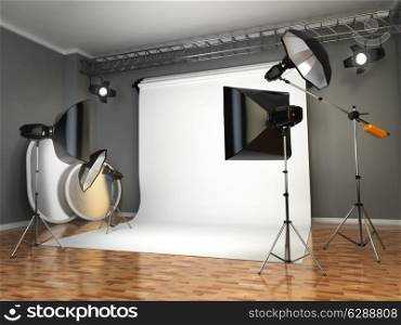 Photo studio with lighting equipment. Flashes, softboxes and reflectors. 3d