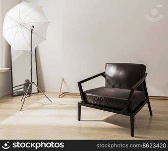 Photo studio with lightning equipment and white backgrond, fotostudio, 3d rendering