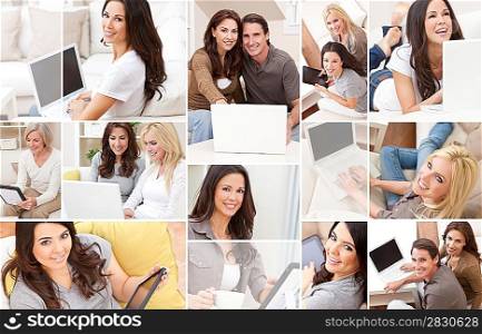 Photograph montage of people men and women at home sitting on sofas or settees using laptop computers or tablet computers smiling happy relaxed.