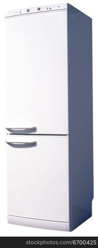 Photograph of an upright fridge freezer.