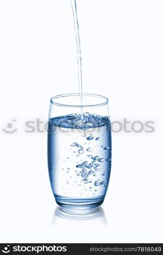 Photograph of pouring water into glass, isolated over white