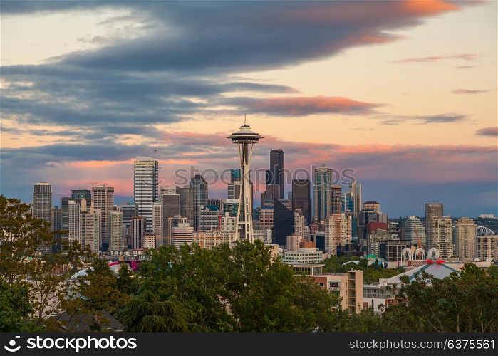 Photograph of Seattle city skyline at sunset including the Space Needle, Washington State, USA