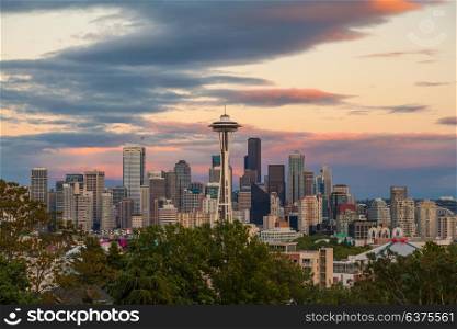 Photograph of Seattle city skyline at sunset including the Space Needle, Washington State, USA