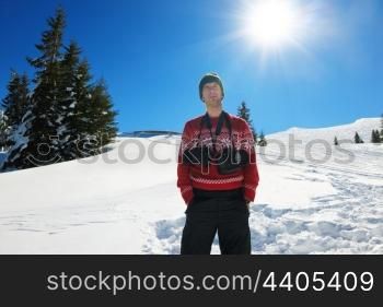 photographer portrait at beautiful winter day with fresh snow