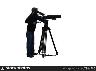 Photographer using extra long telephoto lens, on white background