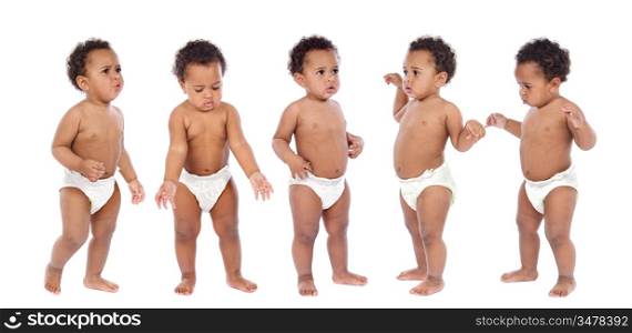 photographic sequence of a baby in diapers a over white background
