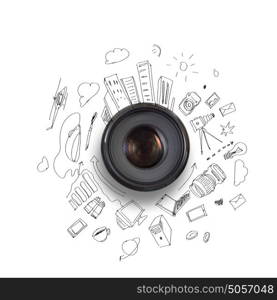 Photography concept. Camera lens against light background. Photography business