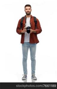 photography, profession and people and concept - happy smiling man or photographer with digital camera over white background. smiling man or photographer with digital camera