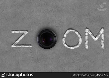 Photography. Word zoom with camera zoom instead of letter O