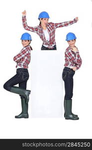 Photomontage of playful girl with hardhat and white sign