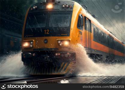Photorealistic illustration of train on the railroad under the heavy rain. created by AI