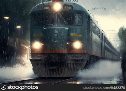 Photorealistic illustration of train on the railroad under the heavy rain. created by AI