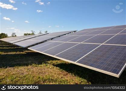 Photovoltaic solar energy panels for renewable electric production with blue sky