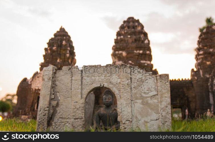 Phra prang sam yot is reproduced to mini size in mini siam, Thailand.