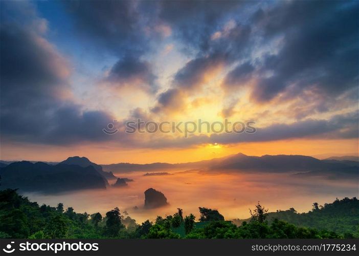Phu Lanka, the landscape of misty mountains and at Sunrise, Phayao Thailand, Phu Langka National Park.. Phu Langka at Sunrise