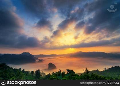 Phu Lanka, the landscape of misty mountains and at Sunrise, Phayao Thailand, Phu Langka National Park.. Phu Langka at Sunrise