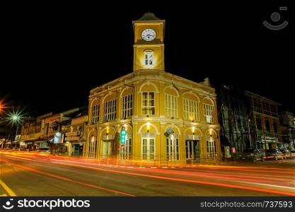 Phuket clock tower ,Chino-Portuguese clock tower was build in 1914 in phuket old town Thailand. Night shot