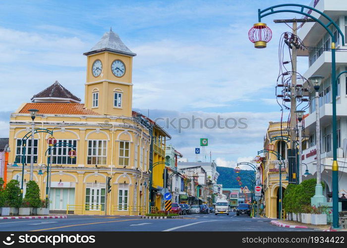 Phuket old town with Building Sino Portuguese architecture at Phuket Old Town area Phuket, Thailand.