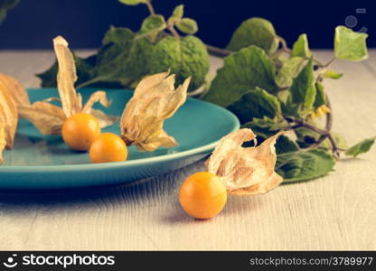 Physalis fruits on blue ceramic plate and a wooden table.