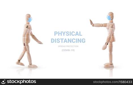 Physical Distancing to stop spread protection Corona virus Disease (COVID-19) with Wooden figure doll wear a surgical mask isolated on white background with clipping path.