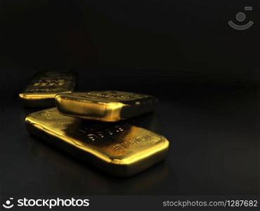 physical gold bullions ingots, golden bars over black background with room for text. gold bullions over black