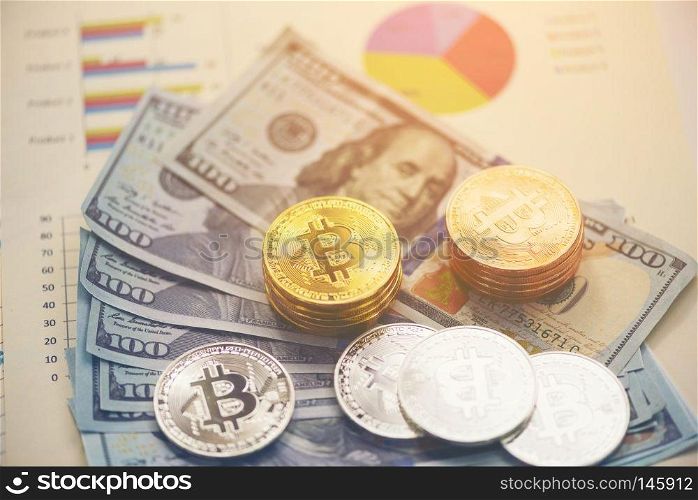 Physical version of Bitcoin  new virtual money  and banknotes of one dollar. Exchange bitcoin for a dollar. Conceptual image for worldwide cryptocurrency and digital payment system.
