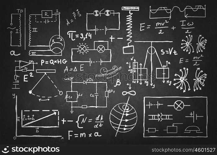 Physics formulas on board. Background conceptual image with science formulas on chalkboard