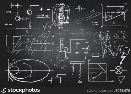 Physics formulas on board. Background conceptual image with science formulas on chalkboard