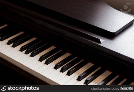 Piano and Electronic piano keyboard with black backgrounds. Closeup of black and white piano keys, copy space, banner