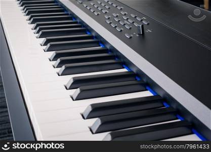 Piano Keyboard synthesizer closeup key frontal view