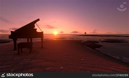 Piano on the beach in the sunset.