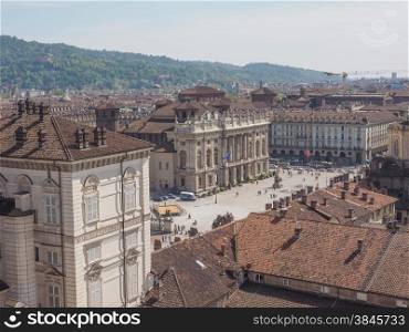 Piazza Castello Turin. Aerial view of Piazza Castello central baroque square in Turin Italy