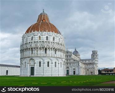 Piazza dei Miracoli (Baptistry of St. John (build 1152-1363), Pisa Cathedral (build 1063- XIII) and Leaning Tower of Pisa (build 1173-1360)). All people are unrecognizable.