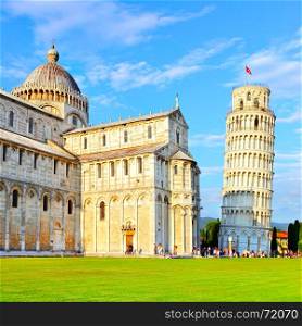 Piazza dei Miracoli in Pisa with the Basilica and the Leaning tower, Italy