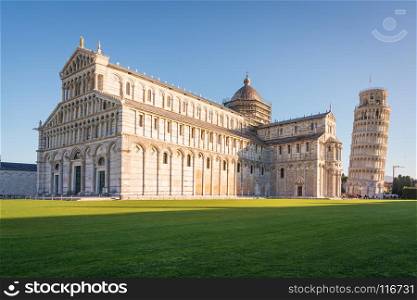 Piazza dei Miracoli (Square of Miracles),Pisa with the Cathedral and the leaning tower, Unesco world heritage site,Italy.
