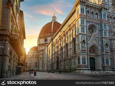 Piazza del Duomo and cathedral of Santa Maria del Fiore in Florence, Italy. Cathedral of Santa Maria