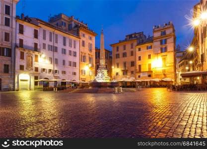 Piazza della Rotonda at night, Rome, Italy. Fountain with obelisk at Piazza della Rotonda, at night, Rome, Italy