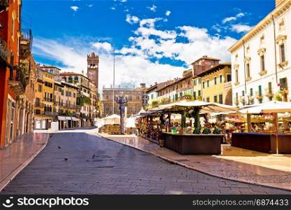 Piazza delle erbe in Verona street and market view, Veneto region of Italy
