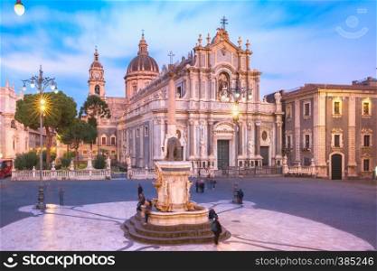 Piazza Duomo in Catania with the Cathedral of Santa Agatha and Liotru, symbol of Catania in the evening, Sicily,. Catania Cathedral at night, Sicily, Italy
