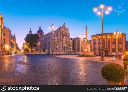 Piazza Duomo in Catania with the Cathedral of Santa Agatha and Liotru, symbol of Catania in the morning, Sicily,. Catania Cathedral at night, Sicily, Italy