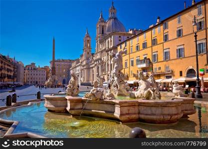 Piazza Navona square fountains and church view in Rome, capital of Italy
