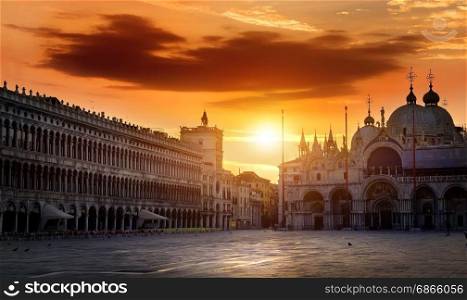 Piazza San Marco in Venice at dawn, Italy . San Marco at dawn